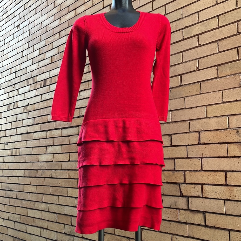 Calvin Klein red tiered knit ruffles sweater dress Size Small